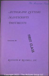 Lot 25.  The Rendells, Inc. and Kenneth Rendell Gallery  

Lists. 15 items.  Nos. 1, 3-10, 12-13, 15-18.  Undated, likely 1970s.  Consist of 8.5” x 14” sheets of paper stapled at upper left and folded in half.

Catalogs (numbered). 160 items.  Nos. 1, 3, 4-10, 12, 14, 16-130, 132-156, 158-164, 169 and 197.  Catalog 1 is from 1959 (according to his website) and catalog 197 from 1991 (from copyright designation in the catalog). Early catalogs are 8.5”x11” paper sheets stapled at upper left.  

In 1981 two catalogs were issued, without catalog numbers, as two volumes with the same title, namely, “The American Frontier: From the Atlantic to the Pacific.”  These can be found listed on Amazon, eBay and other sites for anywhere from $10 to $40.

In 1982 three catalogs were issued, without catalog numbers, in three volumes with the same title, namely, “The History of Mankind.”

Kenneth W. Rendell Gallery.  10 items.  Nos. 300-305, 307-310.  Catalogs are not dated.  An internet search on August