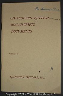 Lot 25.  The Rendells, Inc. and Kenneth Rendell Gallery  

Lists. 15 items.  Nos. 1, 3-10, 12-13, 15-18.  Undated, likely 1970s.  Consist of 8.5” x 14” sheets of paper stapled at upper left and folded in half.

Catalogs (numbered). 160 items.  Nos. 1, 3, 4-10, 12, 14, 16-130, 132-156, 158-164, 169 and 197.  Catalog 1 is from 1959 (according to his website) and catalog 197 from 1991 (from copyright designation in the catalog). Early catalogs are 8.5”x11” paper sheets stapled at upper left.  

In 1981 two catalogs were issued, without catalog numbers, as two volumes with the same title, namely, “The American Frontier: From the Atlantic to the Pacific.”  These can be found listed on Amazon, eBay and other sites for anywhere from $10 to $40.

In 1982 three catalogs were issued, without catalog numbers, in three volumes with the same title, namely, “The History of Mankind.”

Kenneth W. Rendell Gallery.  10 items.  Nos. 300-305, 307-310.  Catalogs are not dated.  An internet search on August