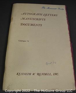 Lot 25.  The Rendells, Inc. and Kenneth Rendell Gallery  

Lists. 15 items.  Nos. 1, 3-10, 12-13, 15-18.  Undated, likely 1970s.  Consist of 8.5” x 14” sheets of paper stapled at upper left and folded in half.

Catalogs (numbered). 160 items.  Nos. 1, 3, 4-10, 12, 14, 16-130, 132-156, 158-164, 169 and 197.  Catalog 1 is from 1959 (according to his website) and catalog 197 from 1991 (from copyright designation in the catalog). Early catalogs are 8.5”x11” paper sheets stapled at upper left.  

In 1981 two catalogs were issued, without catalog numbers, as two volumes with the same title, namely, “The American Frontier: From the Atlantic to the Pacific.”  These can be found listed on Amazon, eBay and other sites for anywhere from $10 to $40.

In 1982 three catalogs were issued, without catalog numbers, in three volumes with the same title, namely, “The History of Mankind.”

Kenneth W. Rendell Gallery.  10 items.  Nos. 300-305, 307-310.  Catalogs are not dated.  An internet search on August