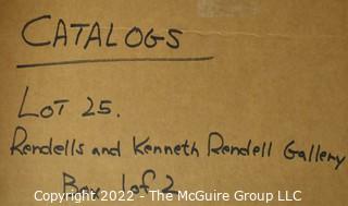 Lot 25.  The Rendells, Inc. and Kenneth Rendell Gallery  

Lists. 15 items.  Nos. 1, 3-10, 12-13, 15-18.  Undated, likely 1970s.  Consist of 8.5” x 14” sheets of paper stapled at upper left and folded in half.

Catalogs (numbered). 160 items.  Nos. 1, 3, 4-10, 12, 14, 16-130, 132-156, 158-164, 169 and 197.  Catalog 1 is from 1959 (according to his website) and catalog 197 from 1991 (from copyright designation in the catalog). Early catalogs are 8.5”x11” paper sheets stapled at upper left.  

In 1981 two catalogs were issued, without catalog numbers, as two volumes with the same title, namely, “The American Frontier: From the Atlantic to the Pacific.”  These can be found listed on Amazon, eBay and other sites for anywhere from $10 to $40.

In 1982 three catalogs were issued, without catalog numbers, in three volumes with the same title, namely, “The History of Mankind.”

Kenneth W. Rendell Gallery.  10 items.  Nos. 300-305, 307-310.  Catalogs are not dated.  An internet search on August