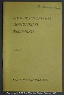 Lot 25.  The Rendells, Inc. and Kenneth Rendell Gallery  

Lists. 15 items.  Nos. 1, 3-10, 12-13, 15-18.  Undated, likely 1970s.  Consist of 8.5” x 14” sheets of paper stapled at upper left and folded in half.

Catalogs (numbered). 160 items.  Nos. 1, 3, 4-10, 12, 14, 16-130, 132-156, 158-164, 169 and 197.  Catalog 1 is from 1959 (according to his website) and catalog 197 from 1991 (from copyright designation in the catalog). Early catalogs are 8.5”x11” paper sheets stapled at upper left.  

In 1981 two catalogs were issued, without catalog numbers, as two volumes with the same title, namely, “The American Frontier: From the Atlantic to the Pacific.”  These can be found listed on Amazon, eBay and other sites for anywhere from $10 to $40.

In 1982 three catalogs were issued, without catalog numbers, in three volumes with the same title, namely, “The History of Mankind.”

Kenneth W. Rendell Gallery.  10 items.  Nos. 300-305, 307-310.  Catalogs are not dated.  An internet search on August