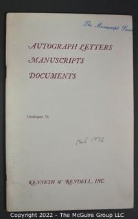 Lot 25.  The Rendells, Inc. and Kenneth Rendell Gallery  

Lists. 15 items.  Nos. 1, 3-10, 12-13, 15-18.  Undated, likely 1970s.  Consist of 8.5” x 14” sheets of paper stapled at upper left and folded in half.

Catalogs (numbered). 160 items.  Nos. 1, 3, 4-10, 12, 14, 16-130, 132-156, 158-164, 169 and 197.  Catalog 1 is from 1959 (according to his website) and catalog 197 from 1991 (from copyright designation in the catalog). Early catalogs are 8.5”x11” paper sheets stapled at upper left.  

In 1981 two catalogs were issued, without catalog numbers, as two volumes with the same title, namely, “The American Frontier: From the Atlantic to the Pacific.”  These can be found listed on Amazon, eBay and other sites for anywhere from $10 to $40.

In 1982 three catalogs were issued, without catalog numbers, in three volumes with the same title, namely, “The History of Mankind.”

Kenneth W. Rendell Gallery.  10 items.  Nos. 300-305, 307-310.  Catalogs are not dated.  An internet search on August