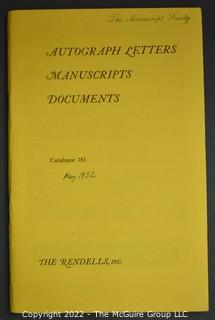 Lot 25.  The Rendells, Inc. and Kenneth Rendell Gallery  

Lists. 15 items.  Nos. 1, 3-10, 12-13, 15-18.  Undated, likely 1970s.  Consist of 8.5” x 14” sheets of paper stapled at upper left and folded in half.

Catalogs (numbered). 160 items.  Nos. 1, 3, 4-10, 12, 14, 16-130, 132-156, 158-164, 169 and 197.  Catalog 1 is from 1959 (according to his website) and catalog 197 from 1991 (from copyright designation in the catalog). Early catalogs are 8.5”x11” paper sheets stapled at upper left.  

In 1981 two catalogs were issued, without catalog numbers, as two volumes with the same title, namely, “The American Frontier: From the Atlantic to the Pacific.”  These can be found listed on Amazon, eBay and other sites for anywhere from $10 to $40.

In 1982 three catalogs were issued, without catalog numbers, in three volumes with the same title, namely, “The History of Mankind.”

Kenneth W. Rendell Gallery.  10 items.  Nos. 300-305, 307-310.  Catalogs are not dated.  An internet search on August