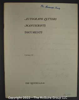 Lot 25.  The Rendells, Inc. and Kenneth Rendell Gallery  

Lists. 15 items.  Nos. 1, 3-10, 12-13, 15-18.  Undated, likely 1970s.  Consist of 8.5” x 14” sheets of paper stapled at upper left and folded in half.

Catalogs (numbered). 160 items.  Nos. 1, 3, 4-10, 12, 14, 16-130, 132-156, 158-164, 169 and 197.  Catalog 1 is from 1959 (according to his website) and catalog 197 from 1991 (from copyright designation in the catalog). Early catalogs are 8.5”x11” paper sheets stapled at upper left.  

In 1981 two catalogs were issued, without catalog numbers, as two volumes with the same title, namely, “The American Frontier: From the Atlantic to the Pacific.”  These can be found listed on Amazon, eBay and other sites for anywhere from $10 to $40.

In 1982 three catalogs were issued, without catalog numbers, in three volumes with the same title, namely, “The History of Mankind.”

Kenneth W. Rendell Gallery.  10 items.  Nos. 300-305, 307-310.  Catalogs are not dated.  An internet search on August