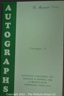 Lot 25.  The Rendells, Inc. and Kenneth Rendell Gallery  

Lists. 15 items.  Nos. 1, 3-10, 12-13, 15-18.  Undated, likely 1970s.  Consist of 8.5” x 14” sheets of paper stapled at upper left and folded in half.

Catalogs (numbered). 160 items.  Nos. 1, 3, 4-10, 12, 14, 16-130, 132-156, 158-164, 169 and 197.  Catalog 1 is from 1959 (according to his website) and catalog 197 from 1991 (from copyright designation in the catalog). Early catalogs are 8.5”x11” paper sheets stapled at upper left.  

In 1981 two catalogs were issued, without catalog numbers, as two volumes with the same title, namely, “The American Frontier: From the Atlantic to the Pacific.”  These can be found listed on Amazon, eBay and other sites for anywhere from $10 to $40.

In 1982 three catalogs were issued, without catalog numbers, in three volumes with the same title, namely, “The History of Mankind.”

Kenneth W. Rendell Gallery.  10 items.  Nos. 300-305, 307-310.  Catalogs are not dated.  An internet search on August