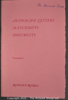 Lot 25.  The Rendells, Inc. and Kenneth Rendell Gallery  

Lists. 15 items.  Nos. 1, 3-10, 12-13, 15-18.  Undated, likely 1970s.  Consist of 8.5” x 14” sheets of paper stapled at upper left and folded in half.

Catalogs (numbered). 160 items.  Nos. 1, 3, 4-10, 12, 14, 16-130, 132-156, 158-164, 169 and 197.  Catalog 1 is from 1959 (according to his website) and catalog 197 from 1991 (from copyright designation in the catalog). Early catalogs are 8.5”x11” paper sheets stapled at upper left.  

In 1981 two catalogs were issued, without catalog numbers, as two volumes with the same title, namely, “The American Frontier: From the Atlantic to the Pacific.”  These can be found listed on Amazon, eBay and other sites for anywhere from $10 to $40.

In 1982 three catalogs were issued, without catalog numbers, in three volumes with the same title, namely, “The History of Mankind.”

Kenneth W. Rendell Gallery.  10 items.  Nos. 300-305, 307-310.  Catalogs are not dated.  An internet search on August