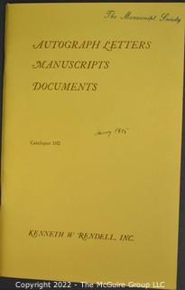 Lot 25.  The Rendells, Inc. and Kenneth Rendell Gallery  

Lists. 15 items.  Nos. 1, 3-10, 12-13, 15-18.  Undated, likely 1970s.  Consist of 8.5” x 14” sheets of paper stapled at upper left and folded in half.

Catalogs (numbered). 160 items.  Nos. 1, 3, 4-10, 12, 14, 16-130, 132-156, 158-164, 169 and 197.  Catalog 1 is from 1959 (according to his website) and catalog 197 from 1991 (from copyright designation in the catalog). Early catalogs are 8.5”x11” paper sheets stapled at upper left.  

In 1981 two catalogs were issued, without catalog numbers, as two volumes with the same title, namely, “The American Frontier: From the Atlantic to the Pacific.”  These can be found listed on Amazon, eBay and other sites for anywhere from $10 to $40.

In 1982 three catalogs were issued, without catalog numbers, in three volumes with the same title, namely, “The History of Mankind.”

Kenneth W. Rendell Gallery.  10 items.  Nos. 300-305, 307-310.  Catalogs are not dated.  An internet search on August