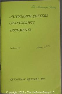 Lot 25.  The Rendells, Inc. and Kenneth Rendell Gallery  

Lists. 15 items.  Nos. 1, 3-10, 12-13, 15-18.  Undated, likely 1970s.  Consist of 8.5” x 14” sheets of paper stapled at upper left and folded in half.

Catalogs (numbered). 160 items.  Nos. 1, 3, 4-10, 12, 14, 16-130, 132-156, 158-164, 169 and 197.  Catalog 1 is from 1959 (according to his website) and catalog 197 from 1991 (from copyright designation in the catalog). Early catalogs are 8.5”x11” paper sheets stapled at upper left.  

In 1981 two catalogs were issued, without catalog numbers, as two volumes with the same title, namely, “The American Frontier: From the Atlantic to the Pacific.”  These can be found listed on Amazon, eBay and other sites for anywhere from $10 to $40.

In 1982 three catalogs were issued, without catalog numbers, in three volumes with the same title, namely, “The History of Mankind.”

Kenneth W. Rendell Gallery.  10 items.  Nos. 300-305, 307-310.  Catalogs are not dated.  An internet search on August