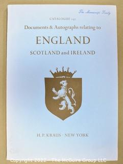 Lot 15.  H. P. Kraus. 1 item.  Catalogue 157.  15th – 19th Century Documents & Autographs relating to England, Scotland and Ireland, from the library of Sir Thomas Phillipps.  In two parts: Part I. History, Part II. Heraldry.  Includes name index. No date. 86 pages.

