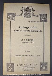 Lot 12.  Stan. V. Henkels.  6 items.  

Catalogue 712; 58 pages.  To be sold on December 14, 1893, Thos. Birch’s Sons, Philadelphia.  Includes “Autograph Letters and Documents Mostly Relating To The Revolutionary War And War Of The Rebellion…Also Relics Of General Washington And A Variety Of Historical Chinaware.”  

Catalogue 778; 99 pages, many uncut at top. The Col. John Trumbull Letters and Papers, also those of Prof. Benj. Silliman.  To be sold on February 11, 1897, Thos. Birch’s Sons, Philadelphia. Includes “Fine Letters of General George and Martha Washington; Generals of the Revolution; Signers of the Declaration of Independence; Members of the Old Congress; Eminent Artists, Authors and Scientists” and much more.  

Catalogue 1083; 87 pages. Valuable Autograph Letters and Historical Documents Being the Balance of the Chas. I. Turner Collection and The McKean, Mifflin and Miles Papers, &c.  To be sold on April 15, 1913, at Samuel T. Freeman & Co., Philadelphia. 

Catalogue 1