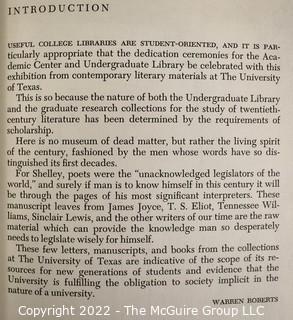 Lot 32.  A Creative Century: Collections at the University of Texas.  Austin: Humanities Research Center, 1970.  Second printing.  71 pgs.  Paperback.  Catalog of an exhibit held in November 1964 at the Academic Center and Undergraduate Library.  Comprises selections from the university’s twentieth century literary manuscript collections.  Includes 100 selections, especially useful for autograph examples.