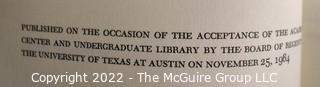 Lot 32.  A Creative Century: Collections at the University of Texas.  Austin: Humanities Research Center, 1970.  Second printing.  71 pgs.  Paperback.  Catalog of an exhibit held in November 1964 at the Academic Center and Undergraduate Library.  Comprises selections from the university’s twentieth century literary manuscript collections.  Includes 100 selections, especially useful for autograph examples.