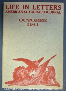 Lot 45.  Life in Letters, American Autograph Journal.  October 1941; vol. 7, no. 1.  40 pgs.  Paperback.  Individual issues and broken sets are available online.  This issue includes three letters (1730-1740) written by Abigail Levy Franks, born in New York in 1696 the year after her parents, Moses and Rachel Levy, arrived there from London.  The letters are written to her son, Naphtali, who was living in London where he managed the family’s business.  Each letter is long and full of information about the family and its affairs.