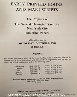 LOT 46.  Early Printed Books and Manuscripts.  Catalog of the Property of the General Theological Seminary, New York City, and other owners, which will be sold on Wednesday, October 1, 1980, at 10:00 a.m.  Christie, Manson & Woods International, Inc.  Hardback.