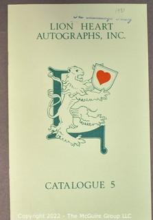 Lot 18.  Lion Heart Autographs.  21 items.  Catalogs 1-16, 39-40, 42-44; 1979-circa 1986 and early 2000s.  The company has been in New York City, albeit different locations, since its beginning.  David H. Lowenherz, president of the company, is a member of many book and manuscripts organizations.  From the company’s website: “The 2018 feature film starring Melissa McCarthy, entitled “Can You Ever Forgive Me” is based on the forging career of Lee Israel who the FBI captured with David’s assistance and participation in a sting operation.  Early catalogs were modest in size and appearance but the content revealed many choice items.  More modern catalogs are larger in dimension and are lavishly illustrated, while still containing wonderful items. 