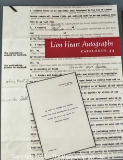 Lot 18.  Lion Heart Autographs.  21 items.  Catalogs 1-16, 39-40, 42-44; 1979-circa 1986 and early 2000s.  The company has been in New York City, albeit different locations, since its beginning.  David H. Lowenherz, president of the company, is a member of many book and manuscripts organizations.  From the company’s website: “The 2018 feature film starring Melissa McCarthy, entitled “Can You Ever Forgive Me” is based on the forging career of Lee Israel who the FBI captured with David’s assistance and participation in a sting operation.  Early catalogs were modest in size and appearance but the content revealed many choice items.  More modern catalogs are larger in dimension and are lavishly illustrated, while still containing wonderful items. 