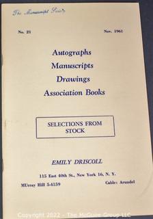 Lot 7.  Emily Driscoll Catalogs.  18 items.  Catalogs 15, 17-23, 26-28 and Supplementary Lists 2-4 and 7-10.  December 1955-October 1970.  Brooklyn born, Driscoll (1898-1992) operated her first shop in 1946, working from 115 East 40th Street and later 175 Fifth Avenue in New York.  She was one of the few women of her era who operated her own business as a dealer.  She worked with private collectors as well as institutions.  An internet search on November 28, 2021 showed that copies of her catalogs were available for $10.00.  Later in life, she resided in Shepherdstown, West Virginia. 