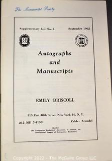Lot 7.  Emily Driscoll Catalogs.  18 items.  Catalogs 15, 17-23, 26-28 and Supplementary Lists 2-4 and 7-10.  December 1955-October 1970.  Brooklyn born, Driscoll (1898-1992) operated her first shop in 1946, working from 115 East 40th Street and later 175 Fifth Avenue in New York.  She was one of the few women of her era who operated her own business as a dealer.  She worked with private collectors as well as institutions.  An internet search on November 28, 2021 showed that copies of her catalogs were available for $10.00.  Later in life, she resided in Shepherdstown, West Virginia. 