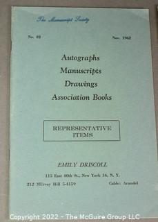 Lot 7.  Emily Driscoll Catalogs.  18 items.  Catalogs 15, 17-23, 26-28 and Supplementary Lists 2-4 and 7-10.  December 1955-October 1970.  Brooklyn born, Driscoll (1898-1992) operated her first shop in 1946, working from 115 East 40th Street and later 175 Fifth Avenue in New York.  She was one of the few women of her era who operated her own business as a dealer.  She worked with private collectors as well as institutions.  An internet search on November 28, 2021 showed that copies of her catalogs were available for $10.00.  Later in life, she resided in Shepherdstown, West Virginia. 