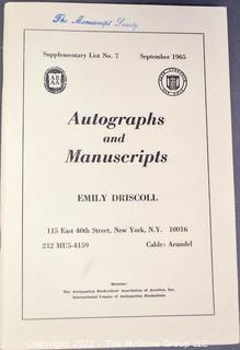 Lot 7.  Emily Driscoll Catalogs.  18 items.  Catalogs 15, 17-23, 26-28 and Supplementary Lists 2-4 and 7-10.  December 1955-October 1970.  Brooklyn born, Driscoll (1898-1992) operated her first shop in 1946, working from 115 East 40th Street and later 175 Fifth Avenue in New York.  She was one of the few women of her era who operated her own business as a dealer.  She worked with private collectors as well as institutions.  An internet search on November 28, 2021 showed that copies of her catalogs were available for $10.00.  Later in life, she resided in Shepherdstown, West Virginia. 