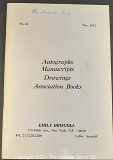 Lot 7.  Emily Driscoll Catalogs.  18 items.  Catalogs 15, 17-23, 26-28 and Supplementary Lists 2-4 and 7-10.  December 1955-October 1970.  Brooklyn born, Driscoll (1898-1992) operated her first shop in 1946, working from 115 East 40th Street and later 175 Fifth Avenue in New York.  She was one of the few women of her era who operated her own business as a dealer.  She worked with private collectors as well as institutions.  An internet search on November 28, 2021 showed that copies of her catalogs were available for $10.00.  Later in life, she resided in Shepherdstown, West Virginia. 