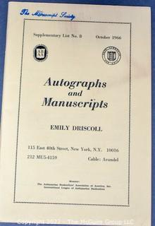Lot 7.  Emily Driscoll Catalogs.  18 items.  Catalogs 15, 17-23, 26-28 and Supplementary Lists 2-4 and 7-10.  December 1955-October 1970.  Brooklyn born, Driscoll (1898-1992) operated her first shop in 1946, working from 115 East 40th Street and later 175 Fifth Avenue in New York.  She was one of the few women of her era who operated her own business as a dealer.  She worked with private collectors as well as institutions.  An internet search on November 28, 2021 showed that copies of her catalogs were available for $10.00.  Later in life, she resided in Shepherdstown, West Virginia. 