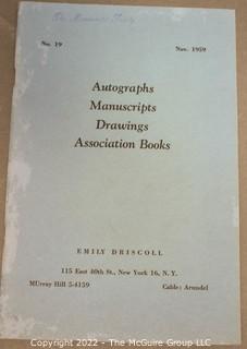 Lot 7.  Emily Driscoll Catalogs.  18 items.  Catalogs 15, 17-23, 26-28 and Supplementary Lists 2-4 and 7-10.  December 1955-October 1970.  Brooklyn born, Driscoll (1898-1992) operated her first shop in 1946, working from 115 East 40th Street and later 175 Fifth Avenue in New York.  She was one of the few women of her era who operated her own business as a dealer.  She worked with private collectors as well as institutions.  An internet search on November 28, 2021 showed that copies of her catalogs were available for $10.00.  Later in life, she resided in Shepherdstown, West Virginia. 