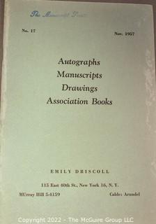Lot 7.  Emily Driscoll Catalogs.  18 items.  Catalogs 15, 17-23, 26-28 and Supplementary Lists 2-4 and 7-10.  December 1955-October 1970.  Brooklyn born, Driscoll (1898-1992) operated her first shop in 1946, working from 115 East 40th Street and later 175 Fifth Avenue in New York.  She was one of the few women of her era who operated her own business as a dealer.  She worked with private collectors as well as institutions.  An internet search on November 28, 2021 showed that copies of her catalogs were available for $10.00.  Later in life, she resided in Shepherdstown, West Virginia. 