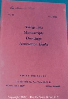 Lot 7.  Emily Driscoll Catalogs.  18 items.  Catalogs 15, 17-23, 26-28 and Supplementary Lists 2-4 and 7-10.  December 1955-October 1970.  Brooklyn born, Driscoll (1898-1992) operated her first shop in 1946, working from 115 East 40th Street and later 175 Fifth Avenue in New York.  She was one of the few women of her era who operated her own business as a dealer.  She worked with private collectors as well as institutions.  An internet search on November 28, 2021 showed that copies of her catalogs were available for $10.00.  Later in life, she resided in Shepherdstown, West Virginia. 