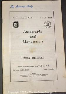 Lot 7.  Emily Driscoll Catalogs.  18 items.  Catalogs 15, 17-23, 26-28 and Supplementary Lists 2-4 and 7-10.  December 1955-October 1970.  Brooklyn born, Driscoll (1898-1992) operated her first shop in 1946, working from 115 East 40th Street and later 175 Fifth Avenue in New York.  She was one of the few women of her era who operated her own business as a dealer.  She worked with private collectors as well as institutions.  An internet search on November 28, 2021 showed that copies of her catalogs were available for $10.00.  Later in life, she resided in Shepherdstown, West Virginia. 