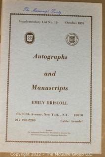 Lot 7.  Emily Driscoll Catalogs.  18 items.  Catalogs 15, 17-23, 26-28 and Supplementary Lists 2-4 and 7-10.  December 1955-October 1970.  Brooklyn born, Driscoll (1898-1992) operated her first shop in 1946, working from 115 East 40th Street and later 175 Fifth Avenue in New York.  She was one of the few women of her era who operated her own business as a dealer.  She worked with private collectors as well as institutions.  An internet search on November 28, 2021 showed that copies of her catalogs were available for $10.00.  Later in life, she resided in Shepherdstown, West Virginia. 
