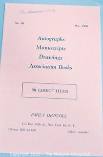 Lot 7.  Emily Driscoll Catalogs.  18 items.  Catalogs 15, 17-23, 26-28 and Supplementary Lists 2-4 and 7-10.  December 1955-October 1970.  Brooklyn born, Driscoll (1898-1992) operated her first shop in 1946, working from 115 East 40th Street and later 175 Fifth Avenue in New York.  She was one of the few women of her era who operated her own business as a dealer.  She worked with private collectors as well as institutions.  An internet search on November 28, 2021 showed that copies of her catalogs were available for $10.00.  Later in life, she resided in Shepherdstown, West Virginia. 