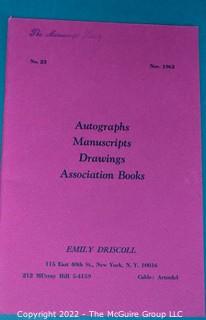 Lot 7.  Emily Driscoll Catalogs.  18 items.  Catalogs 15, 17-23, 26-28 and Supplementary Lists 2-4 and 7-10.  December 1955-October 1970.  Brooklyn born, Driscoll (1898-1992) operated her first shop in 1946, working from 115 East 40th Street and later 175 Fifth Avenue in New York.  She was one of the few women of her era who operated her own business as a dealer.  She worked with private collectors as well as institutions.  An internet search on November 28, 2021 showed that copies of her catalogs were available for $10.00.  Later in life, she resided in Shepherdstown, West Virginia. 