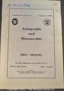Lot 7.  Emily Driscoll Catalogs.  18 items.  Catalogs 15, 17-23, 26-28 and Supplementary Lists 2-4 and 7-10.  December 1955-October 1970.  Brooklyn born, Driscoll (1898-1992) operated her first shop in 1946, working from 115 East 40th Street and later 175 Fifth Avenue in New York.  She was one of the few women of her era who operated her own business as a dealer.  She worked with private collectors as well as institutions.  An internet search on November 28, 2021 showed that copies of her catalogs were available for $10.00.  Later in life, she resided in Shepherdstown, West Virginia. 