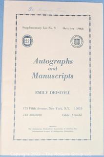 Lot 7.  Emily Driscoll Catalogs.  18 items.  Catalogs 15, 17-23, 26-28 and Supplementary Lists 2-4 and 7-10.  December 1955-October 1970.  Brooklyn born, Driscoll (1898-1992) operated her first shop in 1946, working from 115 East 40th Street and later 175 Fifth Avenue in New York.  She was one of the few women of her era who operated her own business as a dealer.  She worked with private collectors as well as institutions.  An internet search on November 28, 2021 showed that copies of her catalogs were available for $10.00.  Later in life, she resided in Shepherdstown, West Virginia. 