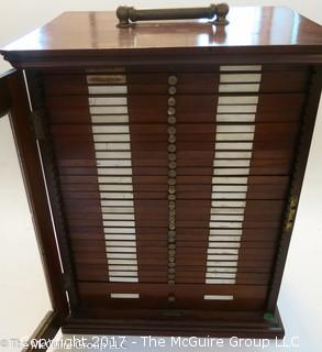 Antique Pathologists cabinet with drawers to hold glass slides; complete with brass top handle and glass door front; 15W x 13D x 19"T