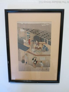 REVISED: Look LOOK!!!! Framed print of earlier woodblock of SAMURAI sword making (sharpening at least); 12 X 16 3/4"