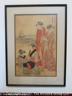 Revised: Framed woodblock of oriental women at the shore. Signature and text; 15 X 20"