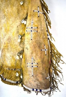 19th Century Prairie, Plains and Plateau Native American Beaded Buckskin Leggings or Chaps with Fringe and Shells. Hide stiff with age.  Some condition issues.
