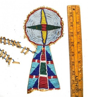 19th Century Prairie, Plains and Plateau Native American Beaded Leather Rosette Medallion Necklace.  9" x 4".