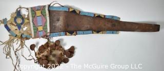 19th Century Prairie, Plains and Plateau Native American Ceremonial Beaded Leather Crupper with Hand Forged Metal Spoon Fringe.  Bead Work mostly intact, but condition issues on verso.  {Note: Description altered 3/6/22 @ 3:53pm ET and more photos added 3-7-22 @ 8:15am ET}