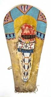 19th Century Prairie, Plains and Plateau Native American Beaded Hide Toy Cradleboard with Applied Doll