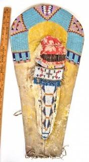 19th Century Prairie, Plains and Plateau Native American Beaded Hide Toy Cradleboard with Applied Doll