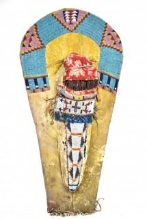 19th Century Prairie, Plains and Plateau Native American Beaded Hide Toy Cradleboard with Applied Doll