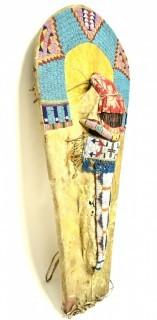 19th Century Prairie, Plains and Plateau Native American Beaded Hide Toy Cradleboard with Applied Doll