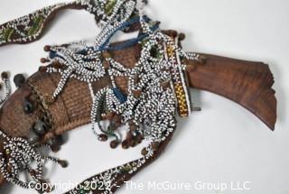 19th Century Prairie, Plains and Plateau Native American Woodlands Crooked Knife with Tiger Maple Handle; Beaded Hide Knife Sheath with Belt and Hand Forged Bells.  {Note: Additional photos were added 3-7-22 @ 8:11am ET}  