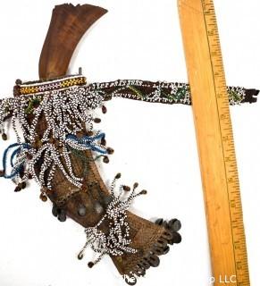 19th Century Prairie, Plains and Plateau Native American Woodlands Crooked Knife with Tiger Maple Handle; Beaded Hide Knife Sheath with Belt and Hand Forged Bells.  {Note: Additional photos were added 3-7-22 @ 8:11am ET}  