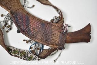 19th Century Prairie, Plains and Plateau Native American Woodlands Crooked Knife with Tiger Maple Handle; Beaded Hide Knife Sheath with Belt and Hand Forged Bells.  {Note: Additional photos were added 3-7-22 @ 8:11am ET}  