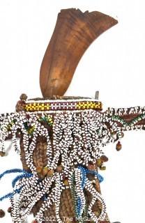 19th Century Prairie, Plains and Plateau Native American Woodlands Crooked Knife with Tiger Maple Handle; Beaded Hide Knife Sheath with Belt and Hand Forged Bells.  {Note: Additional photos were added 3-7-22 @ 8:11am ET}  