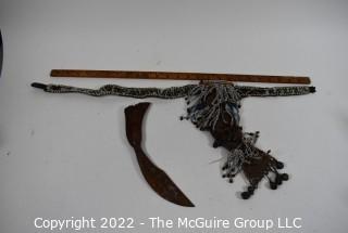 19th Century Prairie, Plains and Plateau Native American Woodlands Crooked Knife with Tiger Maple Handle; Beaded Hide Knife Sheath with Belt and Hand Forged Bells.  {Note: Additional photos were added 3-7-22 @ 8:11am ET}  